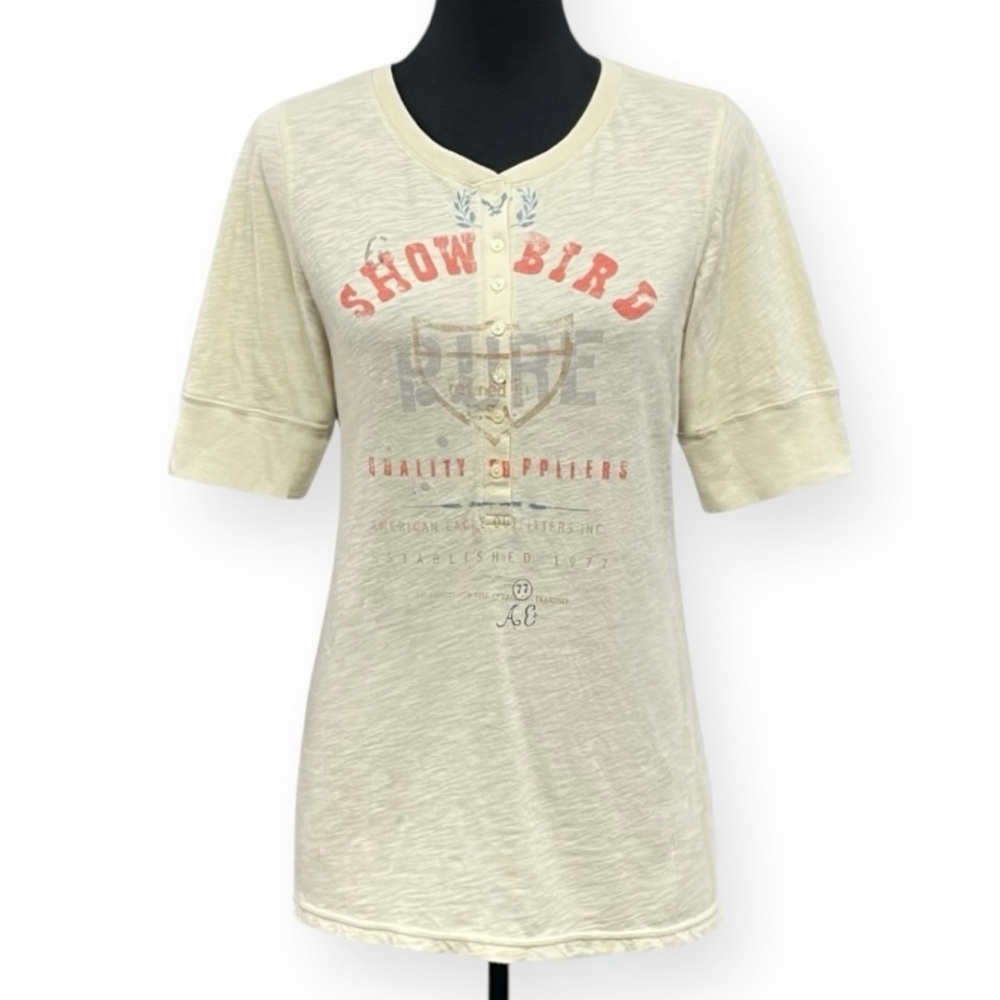 NWT American Eagle Y2K Henley Top Short Sleeve Graphic Tee Cream Size XL